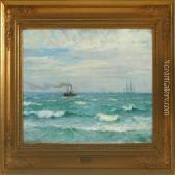 Seascape With Sailingship And Motor Boat Oil Painting - Vilhelm Karl Ferd. Arnesen