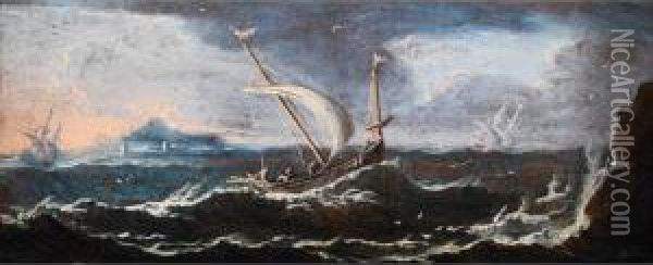 Segelschiff Auf Bewegten Meereswogen Voruferklippen Oil Painting - Antonio Maria Marini