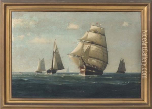 Ship Headed Out With Pilot Boat And Other Ships. Possibly Boston Oil Painting - George Curtis