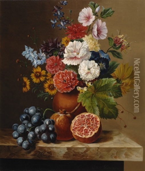 Still Life Of Flowers With Pomegranates And Grapes Oil Painting - Jan Van Der Waarden