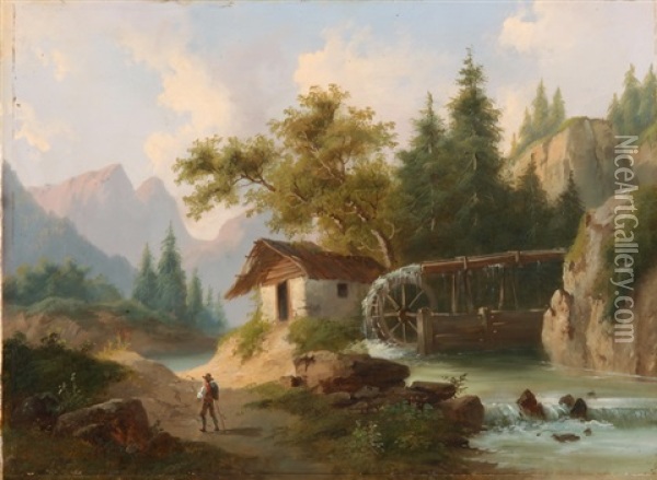 Wanderer Vor Wassermuhle Am Gebirgsbach Oil Painting - Charles Louis Guigon