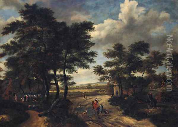 A wooded landscape with a hamlet and travellers on a track Oil Painting - Salomon Rombouts