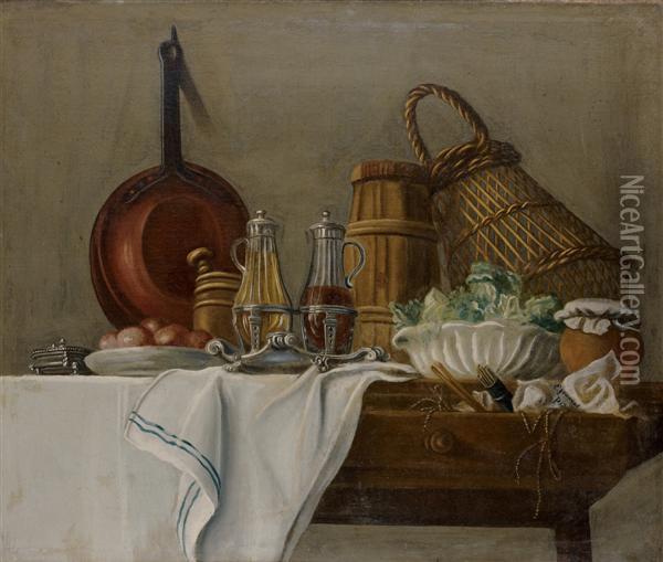 Les Apprets Du Dejeuner Avec Huilier Et Vinaigrier, Salade Verte Oil Painting - Edme Jeaurat