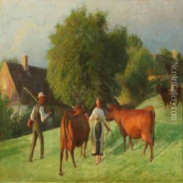 People And Cattle In Thefield Oil Painting - Hans Ole Brasen
