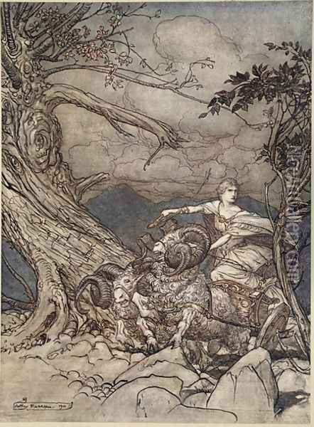 Fricka approaches in anger, illustration from The Rhinegold and the Valkyrie, 1910 Oil Painting - Arthur Rackham