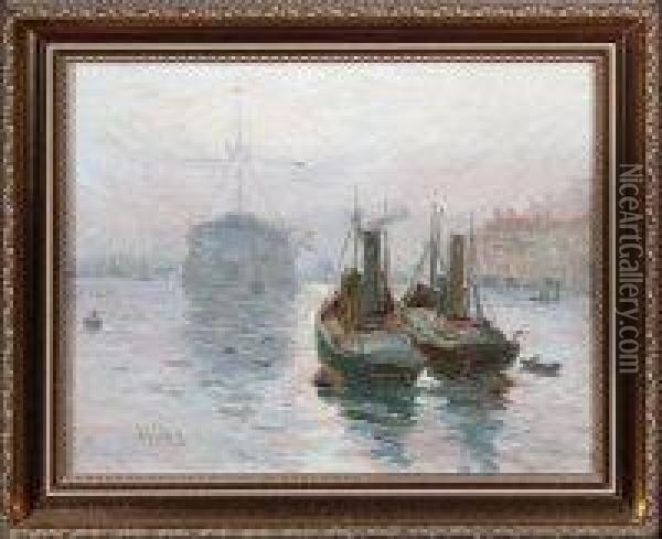 Two Steam Trawlers Near Hms Wellesly In North Shields Harbour Oil Painting - John William Gilroy