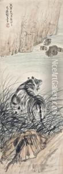 Tiger By The Reeds Oil Painting - Zhang Shanzi