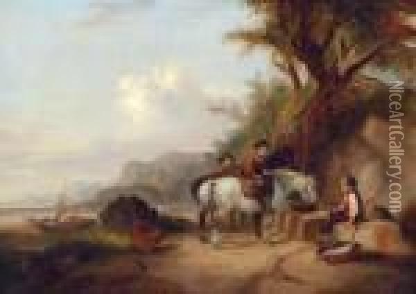 Horses And Figures On A Beach Oil Painting - Snr William Shayer