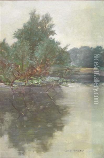 A River Landscape With Water-lilies Oil Painting - George Houston