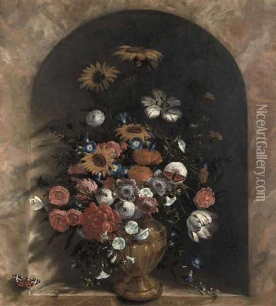 Sunflowers, Roses, Tulips And Other Flowers In A Guilded Vase In A Trompe-l'oeil Marble Niche Oil Painting - Laurens Vincentsz van der Vinne the Elder