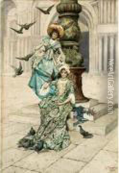 Elegantes Aux Pigeons Oil Painting - Guiseppe Signorini