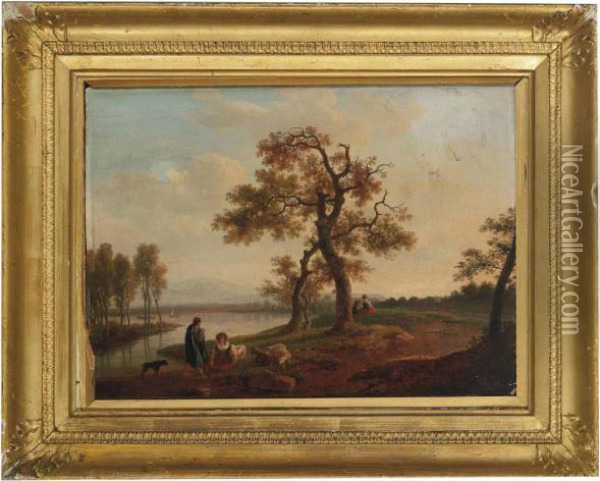 An Extensive River Landscape With A Shepherd And Shepherdess Resting On A Bank Oil Painting - Jean-Baptiste Bocquet