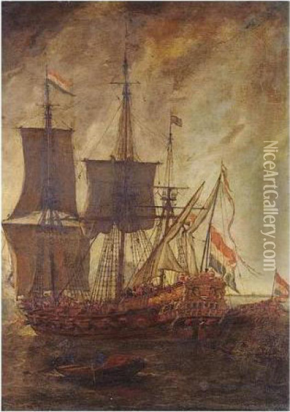 A Dutch Man-of-war Firing A Salute, With A State Barge Alongside The Starboard Stern Oil Painting - Lieve Verschuier