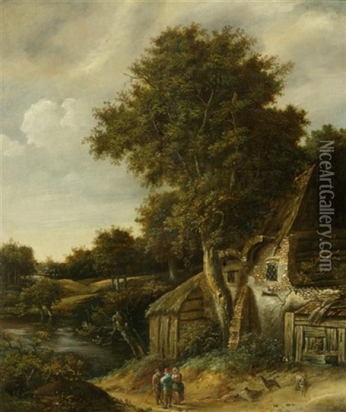 Landschaft Mit Baumen Und Alten Bauernhausern An Einem Fluss Oil Painting - Cornelis Gerritsz Decker