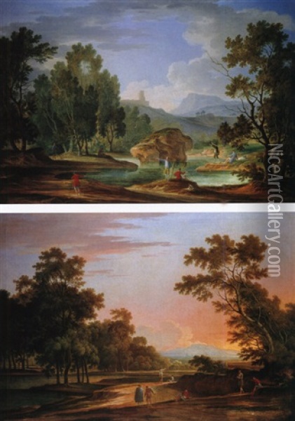 Landschaft Bei Tivoli Mit Der Villa Des Maecenas - Der Morgen (+ Tiberlandschaft Bei Rom - Der Abend; Pair) Oil Painting - Adolf Friedrich Harper