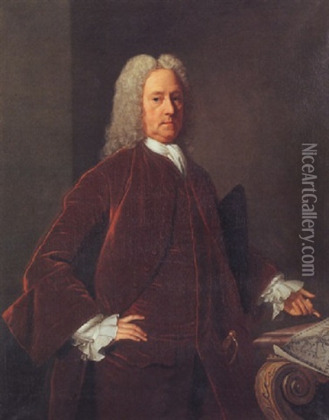 Portrait Of A Gentleman (james Edward Oglethorpe?), In A Red Velvet Coat, Pointing To A Map Of Georgia Oil Painting - Allan Ramsay