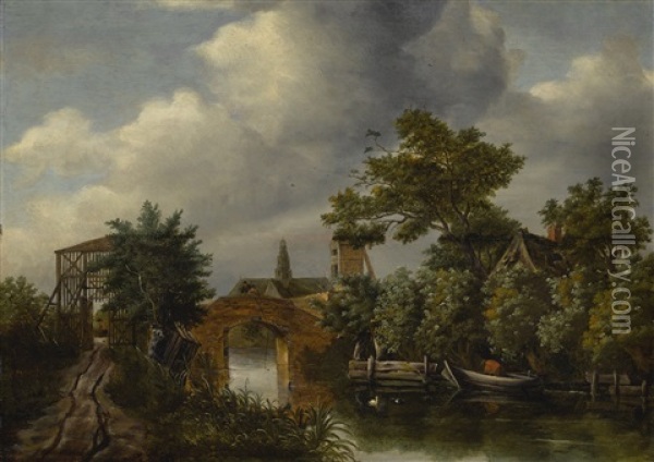 A River Landscape With A Wooden Gate, A Bridge, A Nearby Village, A Boat, And Figures Oil Painting - Roelof van Vries