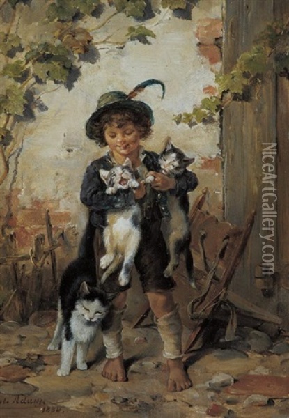 Trachtenjunge Mit Drei Katzen Oil Painting - Julius Adam the Younger