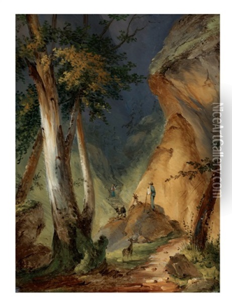 Landskap Med Figurer Vid En Trappa Vid En Bergspassage Oil Painting - Per Gustaf von Heideken