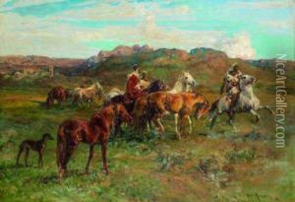 Cavaliers Marocains Et Chevaux Sauvages Oil Painting - Henri Julien Rousseau
