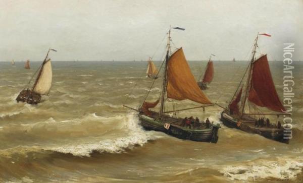 Bomschuiten In The Surf Near The Coast Of Scheveningen Oil Painting - Hendrik Willem Mesdag