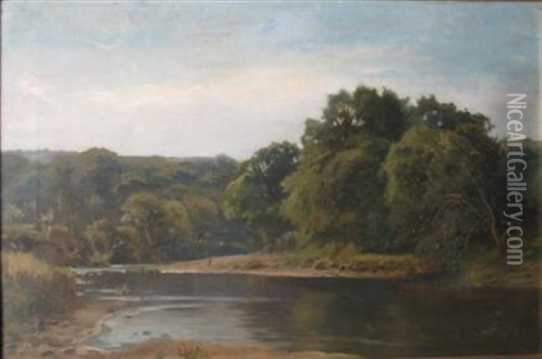 River Scene With Fisherman Oil Painting - Cory Bernice Wright