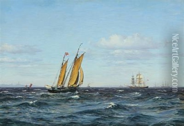 Seascape With Sailing Ships At Sea Oil Painting - Vilhelm Karl Ferdinand Arnesen