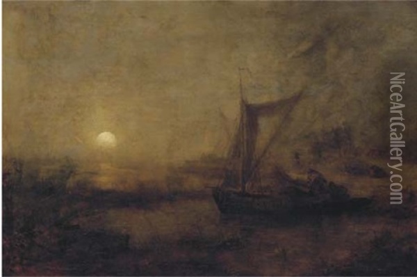 Fishing By Moonlight (study) Oil Painting - Andreas Achenbach
