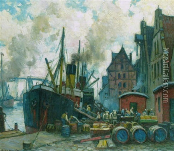 Im Hafen Liegt Ein Dampfschiff Am Kai Und Wird Mit Fassern Beladen Oil Painting - Hans Hartig