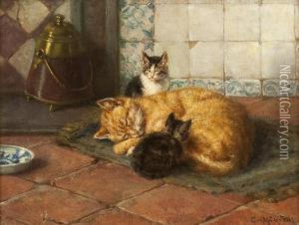Schlafende Katze Mitihren Jungen Vor Dem Ofen Oil Painting - Karl Emil Mucke