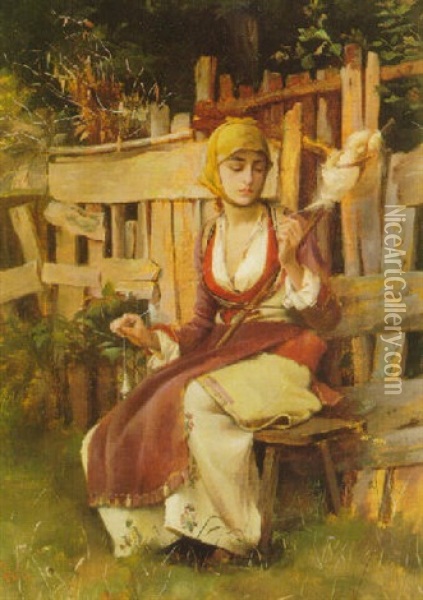 Girl Spinning Wool Oil Painting - Theodore Jacques Ralli