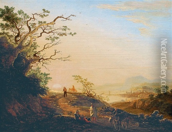 Hugelige Landschaft Mit Rastenden Hirten Vor Abendsonne Oil Painting - Jan Dirksz. Both
