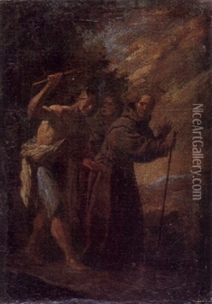 Zwei Monche Und Ein Wegelagerer Vor Landschaft Oil Painting - Alessandro Magnasco