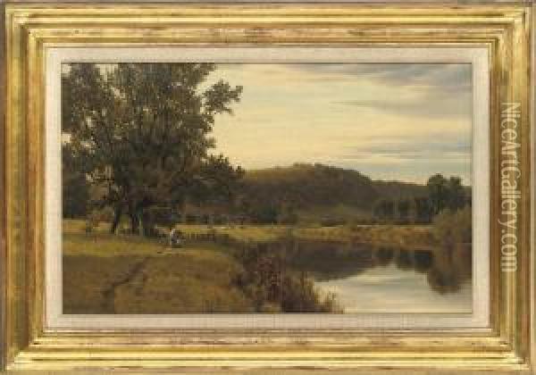 Cattle Grazing By A River Oil Painting - Henry Cheadle