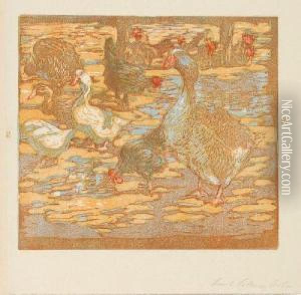 Wasservogel Und Huhner Oil Painting - Emil Pottner