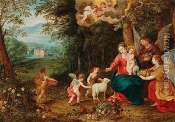 The Holy Family With The Infant Saint John And Angels In A Wooded Landscape With A Moated Castle In The Background Oil Painting - Jan Van Balen