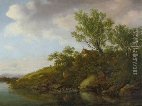 Idyllische Flusslandschaft Mit Boot Und Kleiner Hutte Oil Painting - Johanna Mariane Freystein