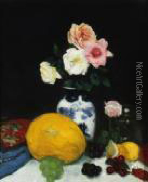 Still Life With Roses And A Melon Oil Painting - George Leslie Hunter