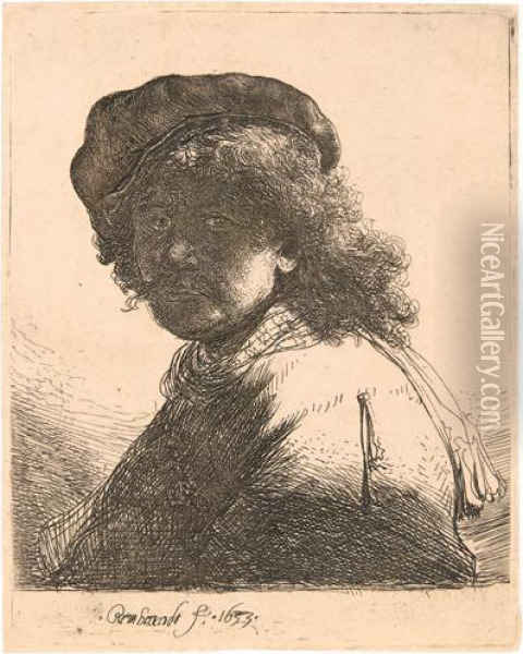Self Portrait In A Cap And Scarf With The Face Dark: Bust. Oil Painting - Rembrandt Van Rijn