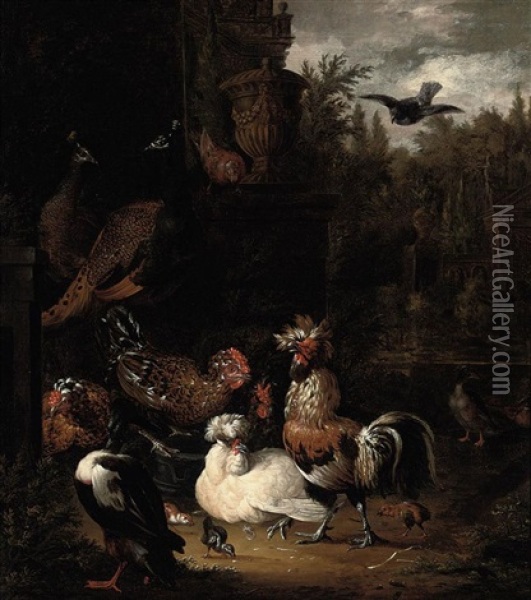 A Rooster With Hens, Chicks, Ducks, Peacocks And Pigeons By A Classical Urn, In A Park Landscape Oil Painting - Pieter Van Mase