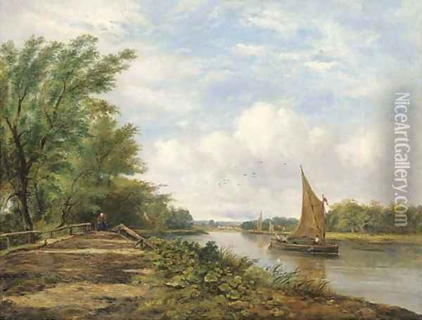 Barges on a river in a sunlit landscape Oil Painting - Frederick Waters Watts