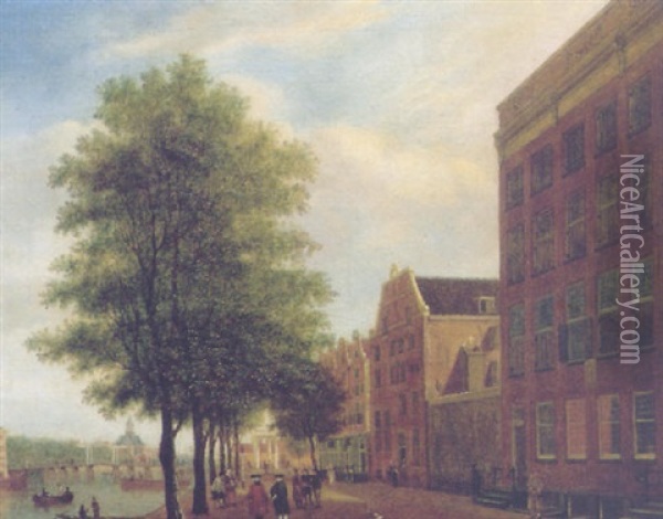 A View Of The Prins Hendrikkade, Amsterdam, With The Muiderpoort In The Distance Oil Painting - Jan Ekels the Elder