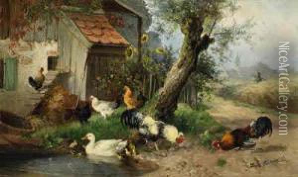 Roosters, Hens And Ducks On The Farm Oil Painting - Julius Scheurer