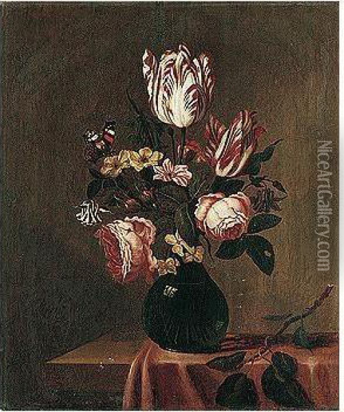 A Still Life Of Tulips, Roses, Hyacinths And Other Flowers, With A Red Admiral Butterfly, Arranged Upon A Table-top Partly Draped With A Red Cloth Oil Painting - Bartholomeus Assteyn