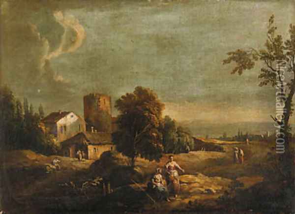 A landscape with peasants by a ruined tower Oil Painting - Frans De Paula Ferg