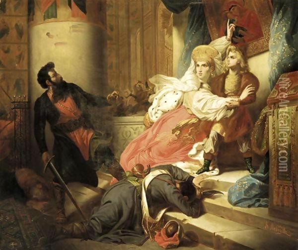 Princess Naryshkina Protecting The Young Peter The Great, A Faithful Copy After The Painting By Karl Shteiben (1788-1856), Which Hangs In The Russian Museum, St. Petersburg Oil Painting - Klavdiy Vasilievich Lebedev