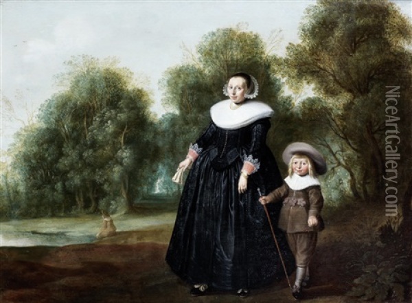 Portrait Of A Lady And Her Child Standing Before An Open Landscape Oil Painting - Herman Mijnerts Doncker
