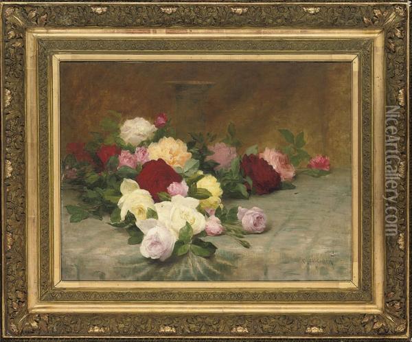 Roses Scattered On A Table Oil Painting - Achille Theodore Cesbron