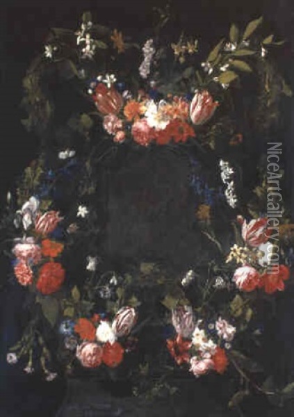 Swags Of Roses And Other Flowers On Feigned Stone Cartouche Oil Painting - Daniel Seghers