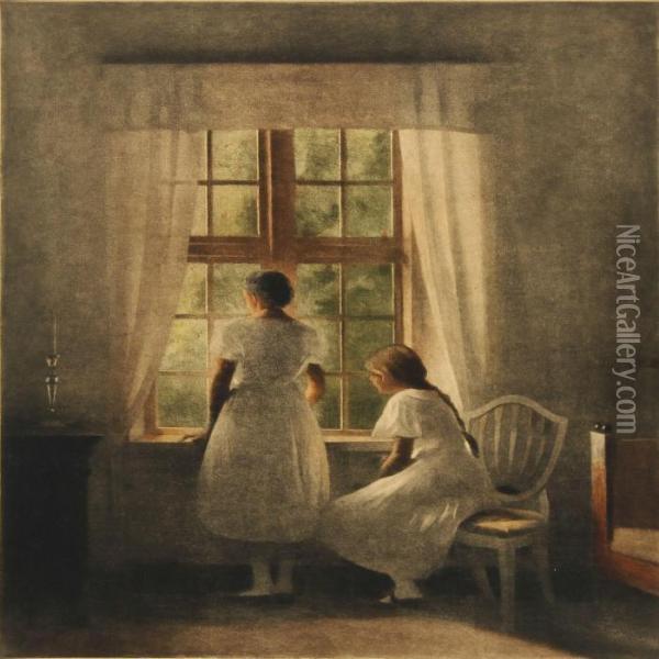 Two Girls At A Window Oil Painting - Peder Vilhelm Ilsted